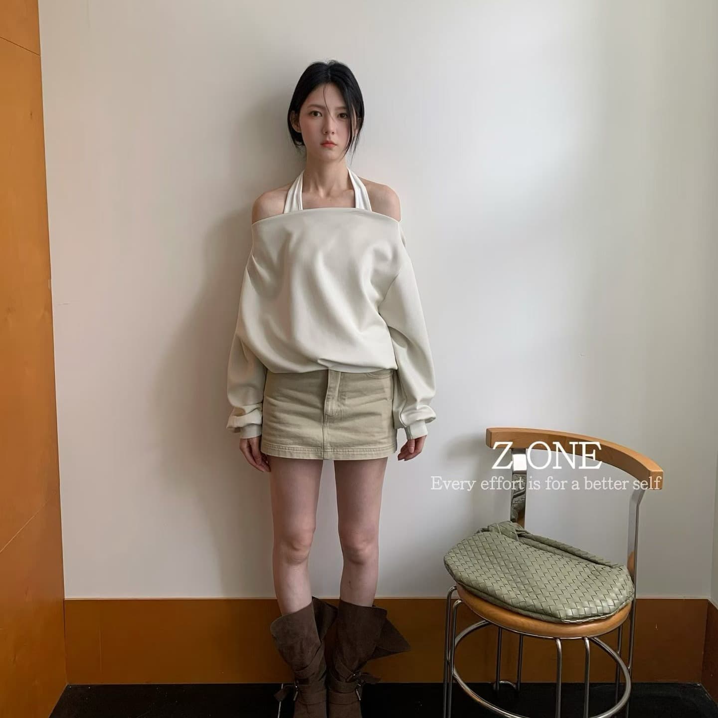 느슨함 미니멀리즘 사실 두 조각 행침 목 오프숄더 오프숄더 후드티 디자인 센스 품격 긴팔 맨위 단색 이미지 5