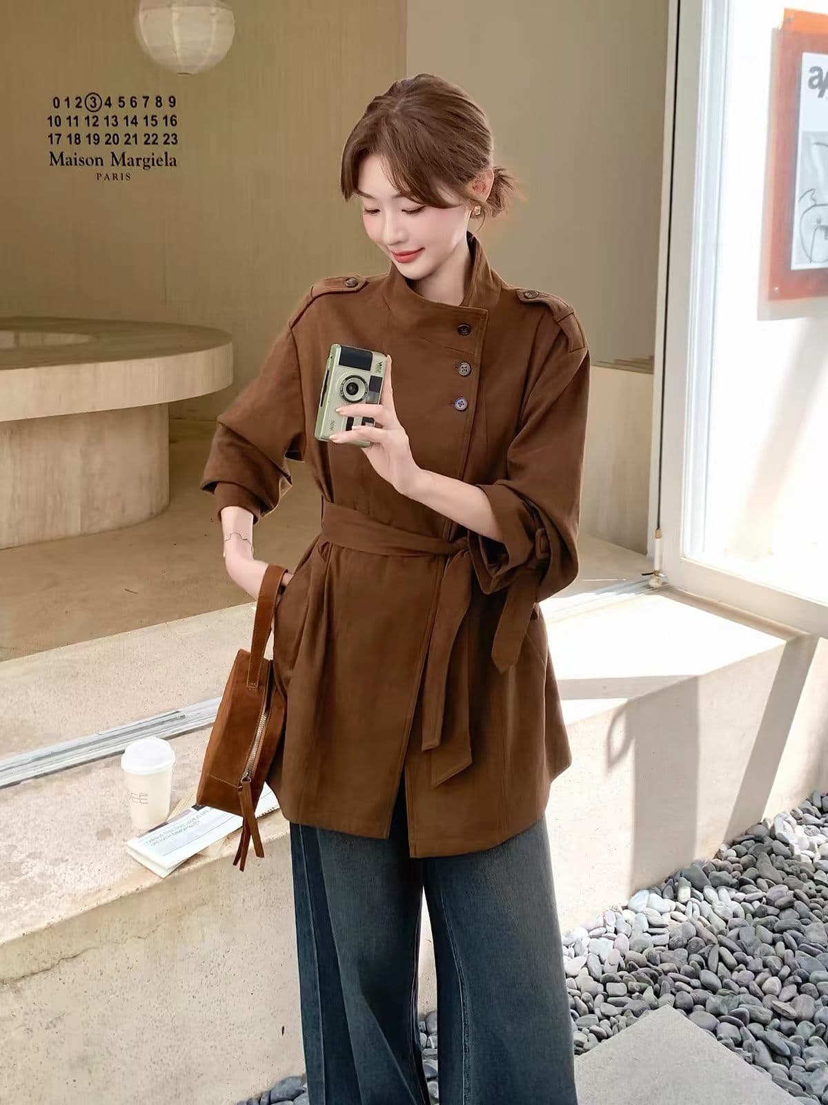 한국 스타일 가을 겨울 미니멀리즘 고급 센스 영국식 바람 스탠드 칼라 루즈핏 레이스업 다용도 쇼트 스타일 재킷 재킷 상세 이미지 1