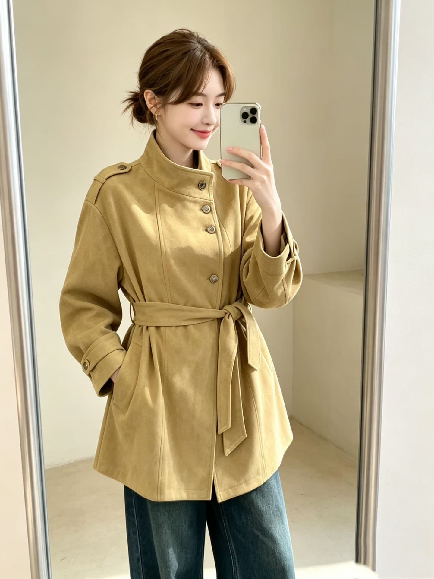 한국 스타일 가을 겨울 미니멀리즘 고급 센스 영국식 바람 스탠드 칼라 루즈핏 레이스업 다용도 쇼트 스타일 재킷 재킷 상세 이미지 8
