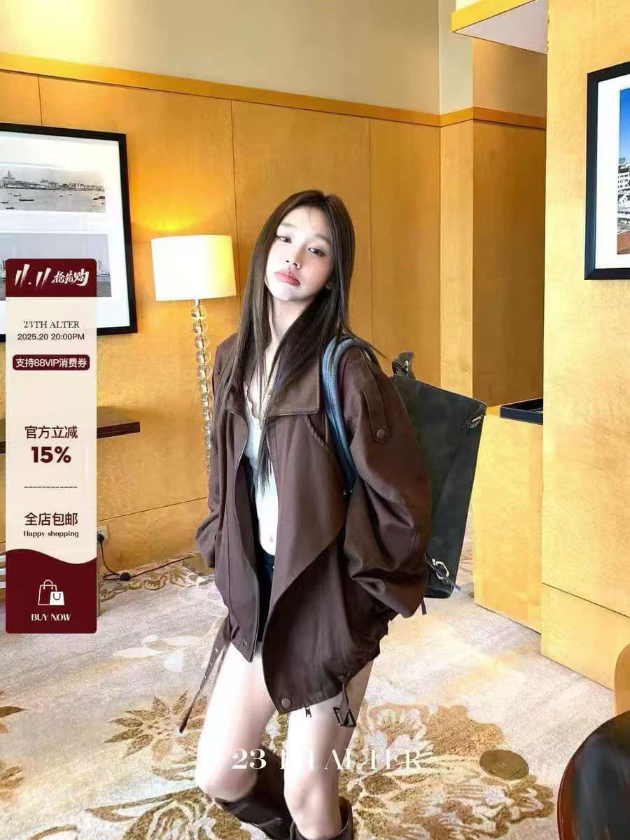 레트로 스웨이드 원단 비스듬한 버클 재킷 맨위 여성 작은 키 고급 센스 캐주얼 오토바이 짧은 외투 상세 이미지 8