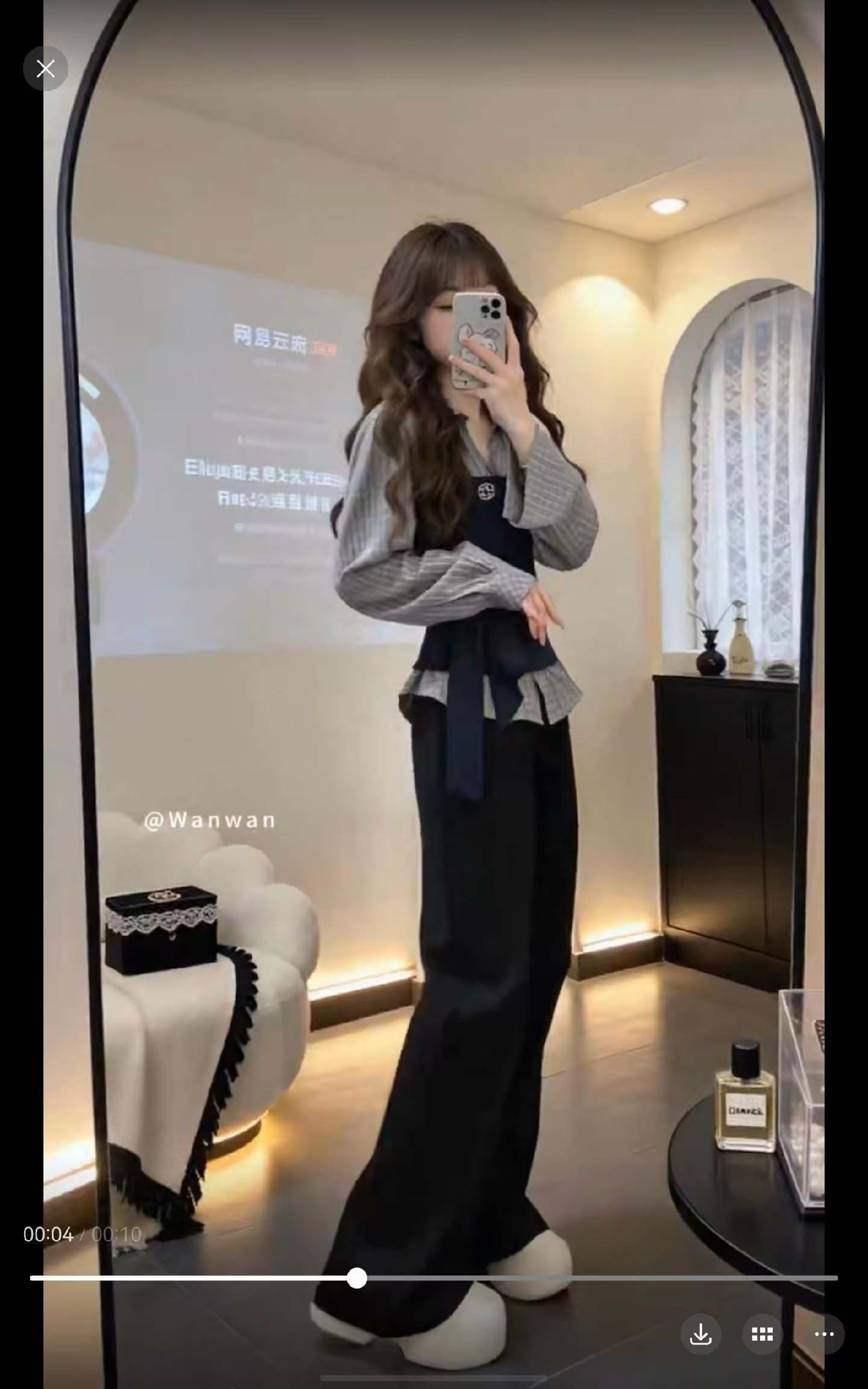 로드 중 여성 한 부서 레트로 스트랩 나비 매듭 체크무늬 패치워크 긴팔 셔츠 검정색 캐주얼 와이드 레그 팬츠 이미지 2