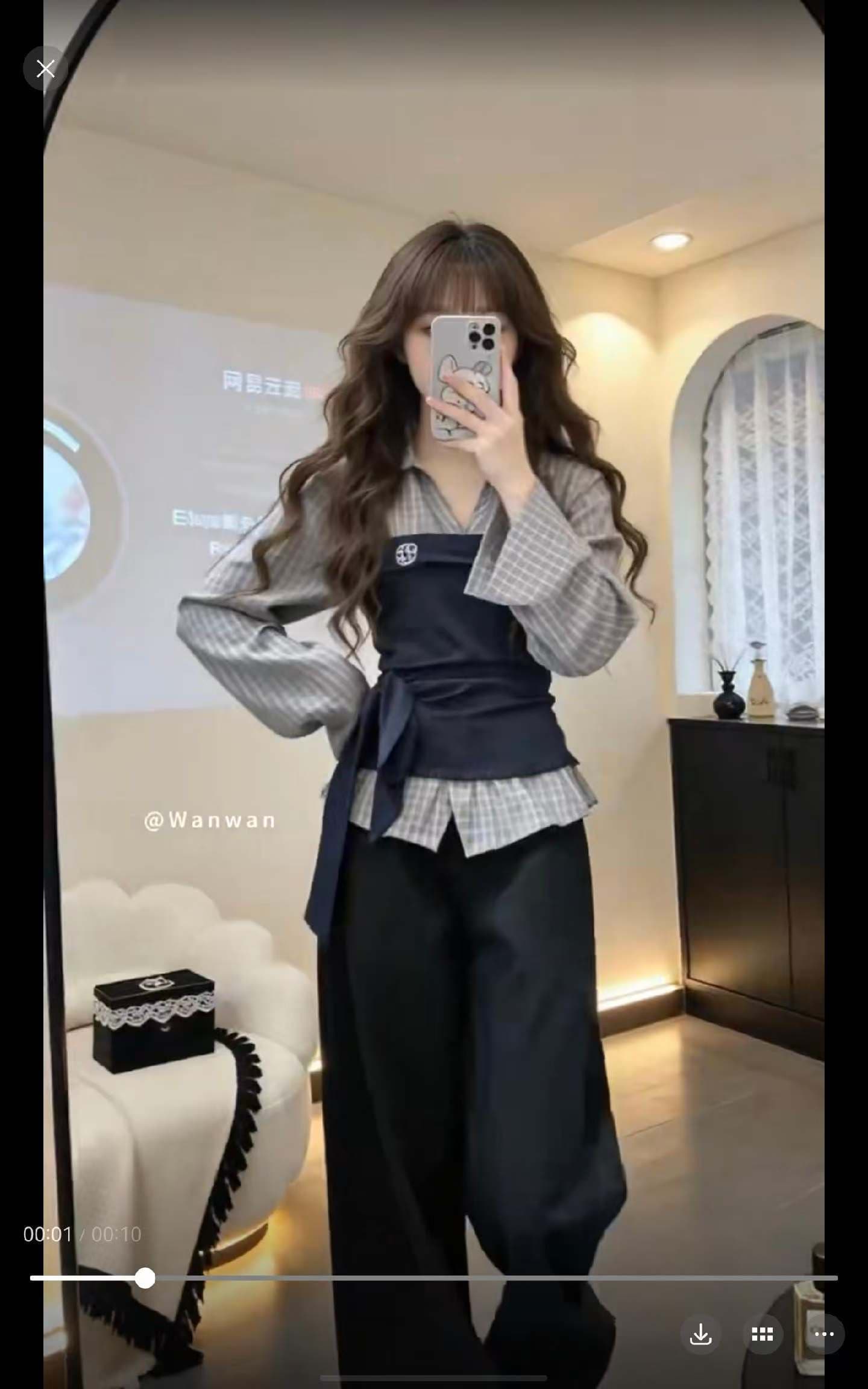 로드 중 여성 한 부서 레트로 스트랩 나비 매듭 체크무늬 패치워크 긴팔 셔츠 검정색 캐주얼 와이드 레그 팬츠 상세 이미지 1
