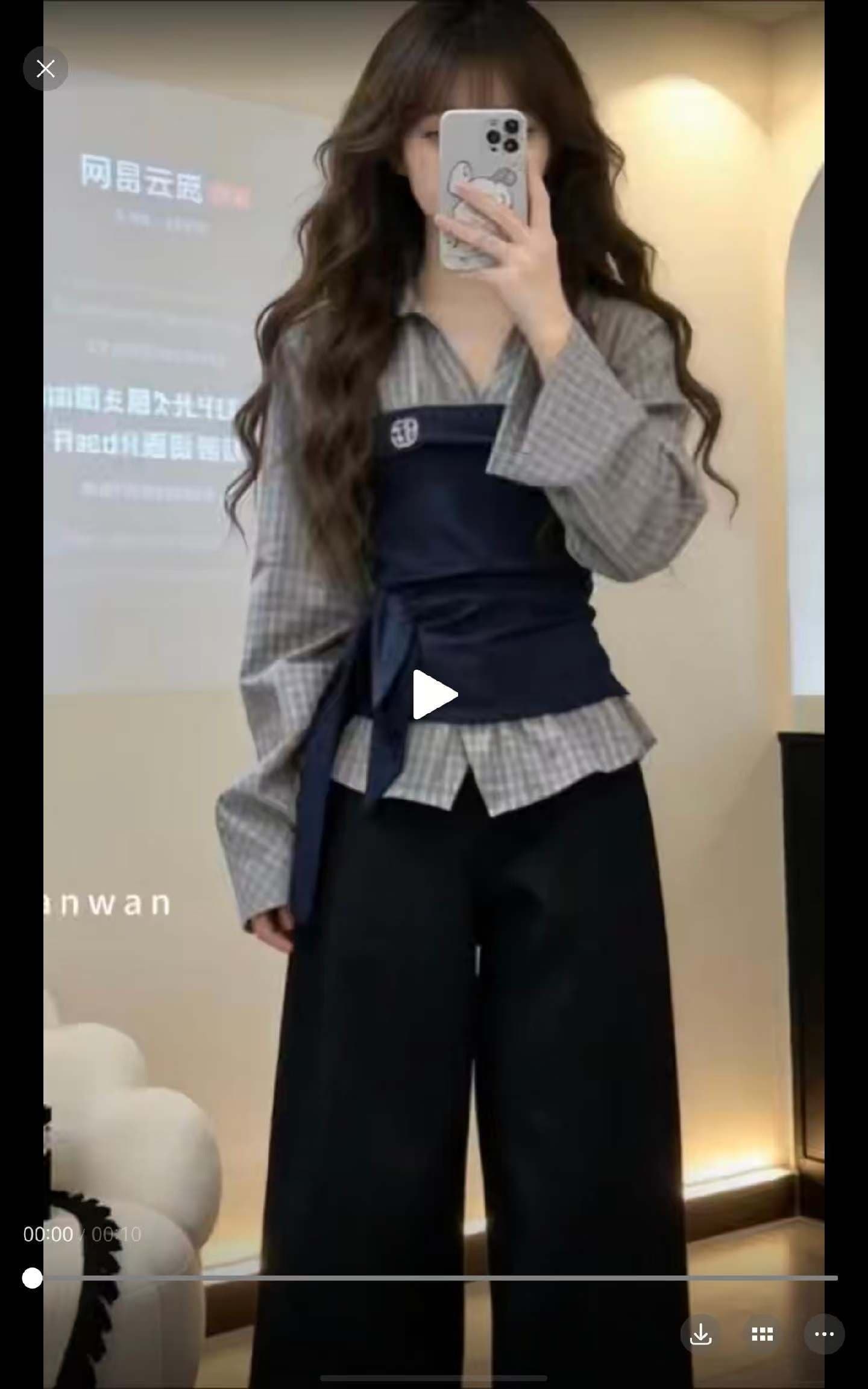 로드 중 여성 한 부서 레트로 스트랩 나비 매듭 체크무늬 패치워크 긴팔 셔츠 검정색 캐주얼 와이드 레그 팬츠 상세 이미지 5