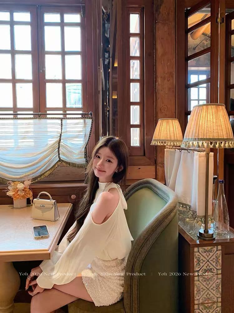 프랑스식 고급 센스 품격 오프숄더 긴팔 새틴 여성 셔츠 가을 디자인 센스 트위드 반신 스커트 투피스 세트 상세 이미지 3