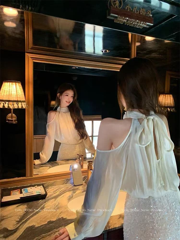 프랑스식 고급 센스 품격 오프숄더 긴팔 새틴 여성 셔츠 가을 디자인 센스 트위드 반신 스커트 투피스 세트 상세 이미지 4
