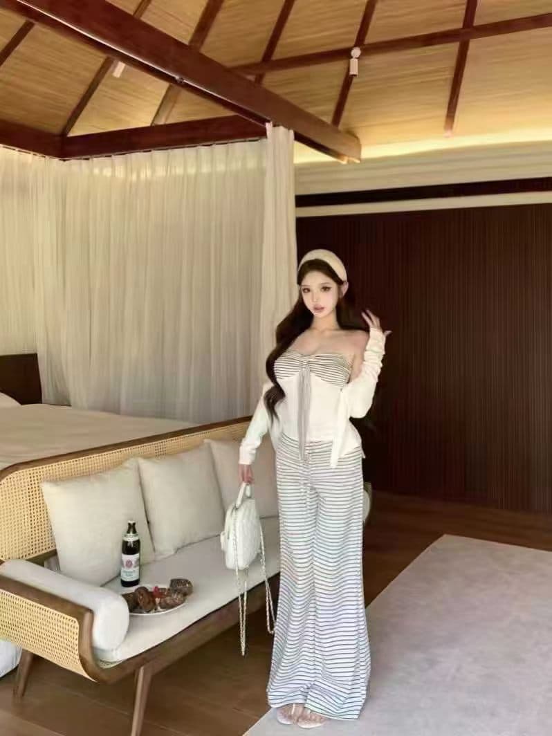 섹시함 순수한 욕망 바람 스트랩 튜브탑 조끼 긴팔 니트 오픈 가디건 여성 부드럽다 스트라이프 캐주얼 긴 바지 세 조각 세트 상세 이미지 6