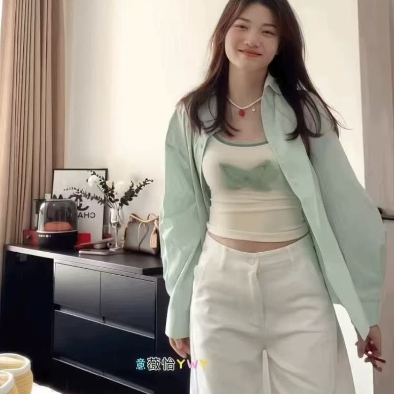 파란색 긴팔 여성 셔츠 2026 새로운 한 부서 품격 고급 센스 인사이드 가져 가라. 셔츠 조끼 캐주얼 바지 3종 세트 이미지 5