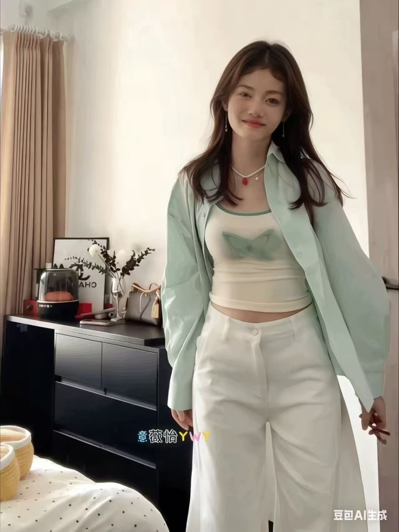파란색 긴팔 여성 셔츠 2026 새로운 한 부서 품격 고급 센스 인사이드 가져 가라. 셔츠 조끼 캐주얼 바지 3종 세트 상세 이미지 1