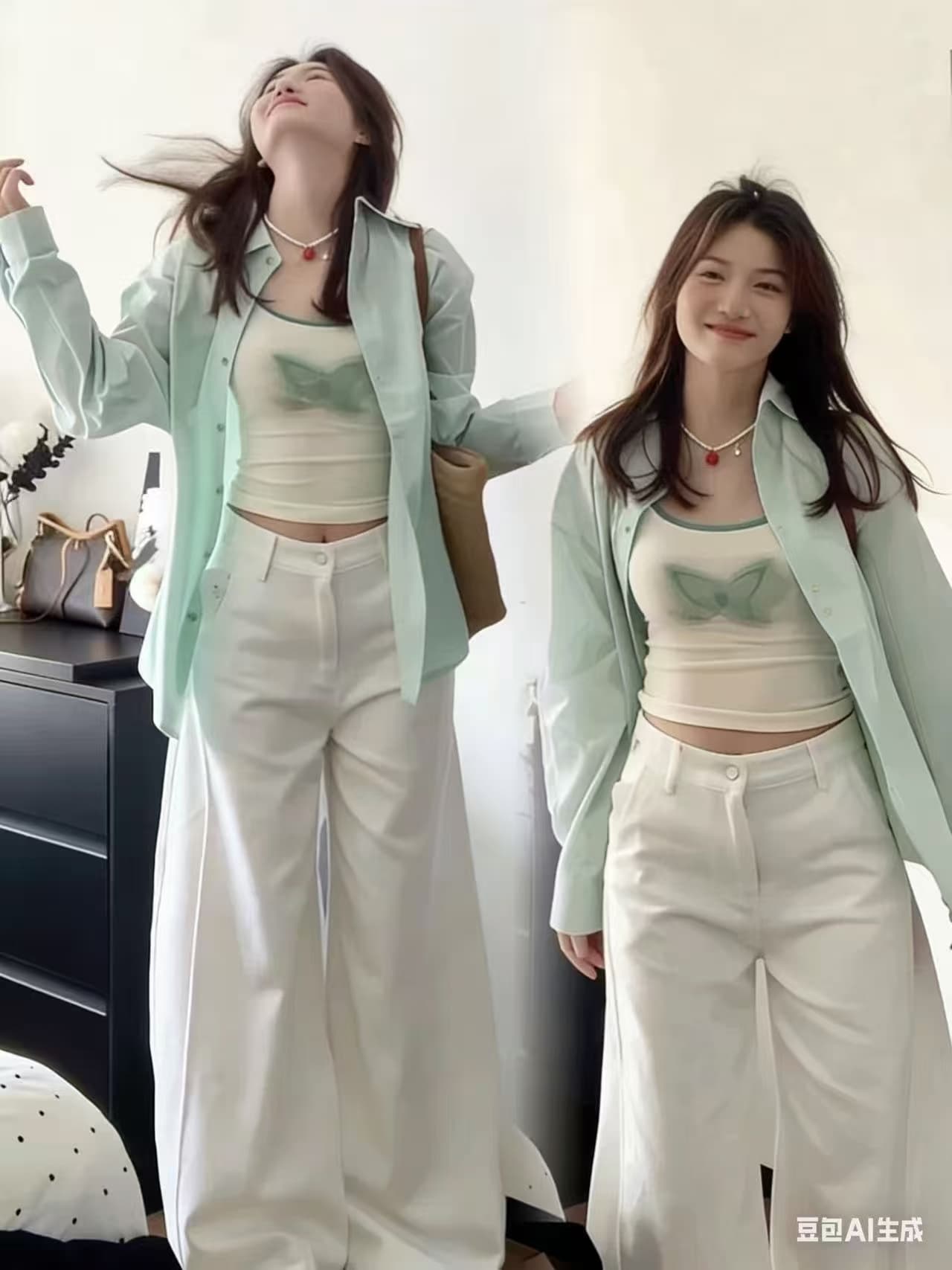 파란색 긴팔 여성 셔츠 2026 새로운 한 부서 품격 고급 센스 인사이드 가져 가라. 셔츠 조끼 캐주얼 바지 3종 세트 상세 이미지 3