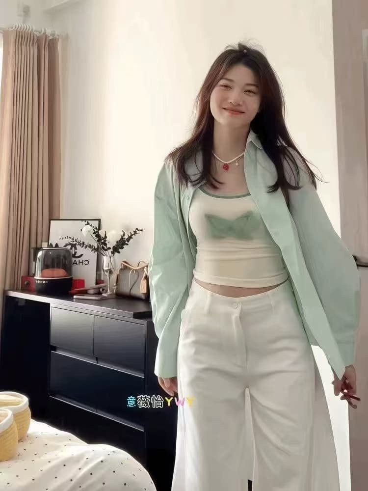 파란색 긴팔 여성 셔츠 2026 새로운 한 부서 품격 고급 센스 인사이드 가져 가라. 셔츠 조끼 캐주얼 바지 3종 세트 상세 이미지 4