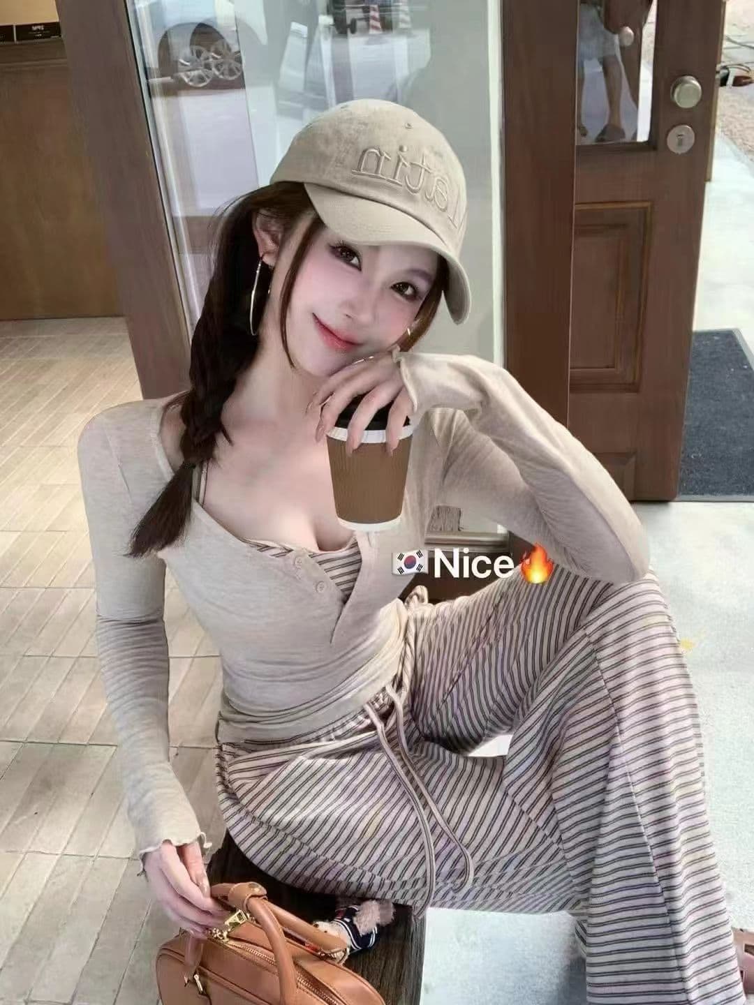 2026 이른 가을 새로운 한국 스타일 패션 핫걸 행침 목 조끼 긴팔 맨위 스트라이프 캐주얼 바지 여성 3종 세트 상세 이미지 7