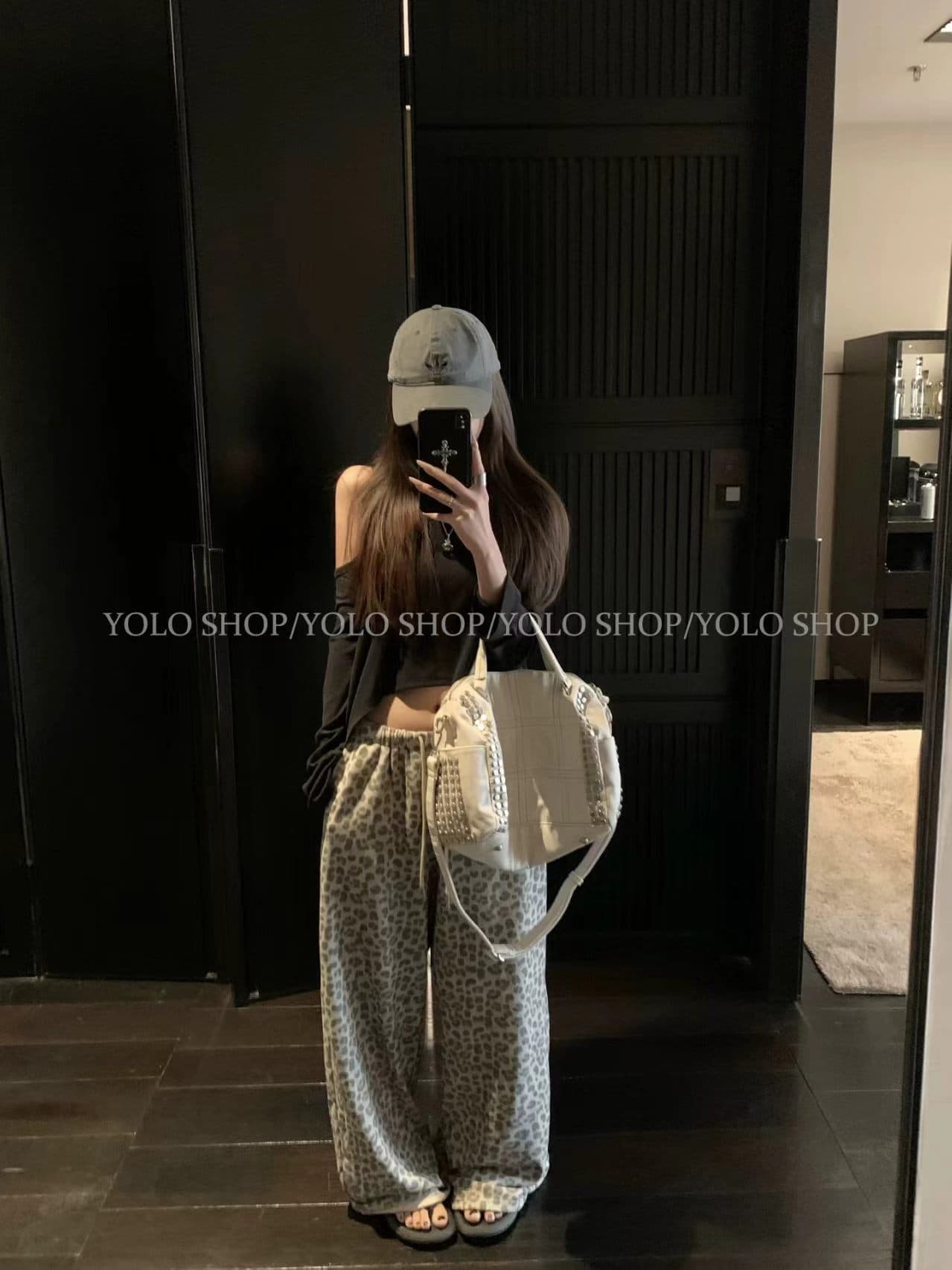 이른 가을 켜기 새로운 한 부서 순수한 욕망 비스듬한 어깨 긴팔 티셔츠 안개 센스 프린트 캐주얼 루즈핏 넓은 다리 투피스 세트 세트 상세 이미지 2