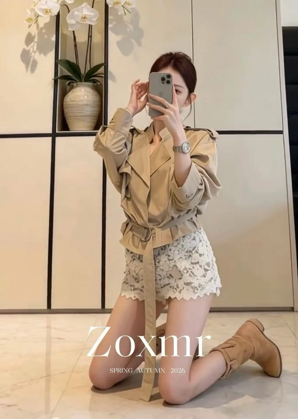 2026 이른 가을 전체 집합 ootd 착용 가져 가라. 오래된 돈 바람 고급 센스 카키 색 바람막이 화이트 레이스 반바지 세트 상세 이미지 1