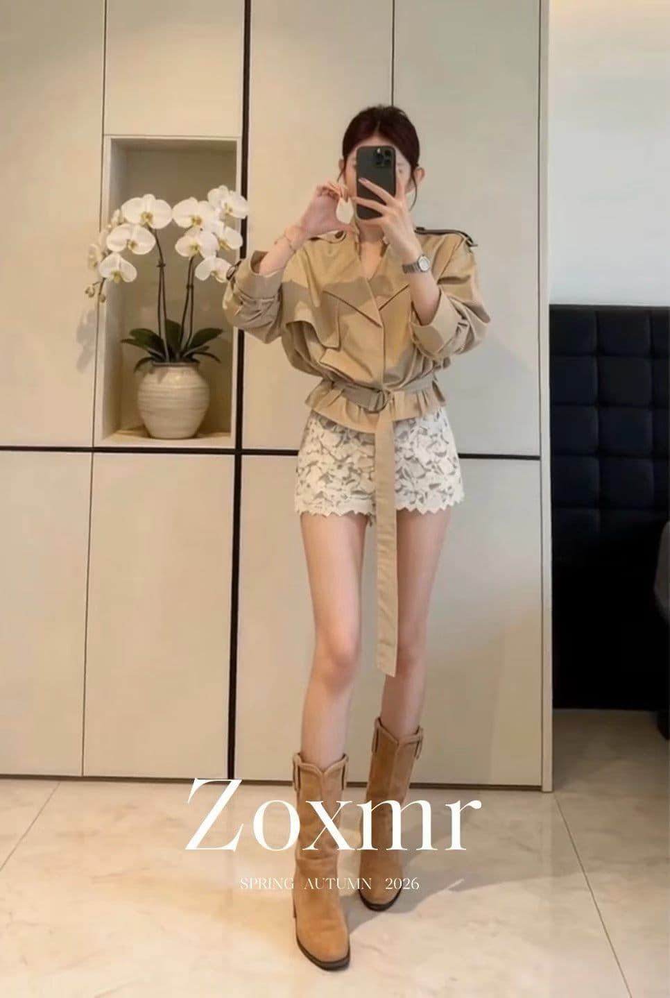 2026 이른 가을 전체 집합 ootd 착용 가져 가라. 오래된 돈 바람 고급 센스 카키 색 바람막이 화이트 레이스 반바지 세트 상세 이미지 3