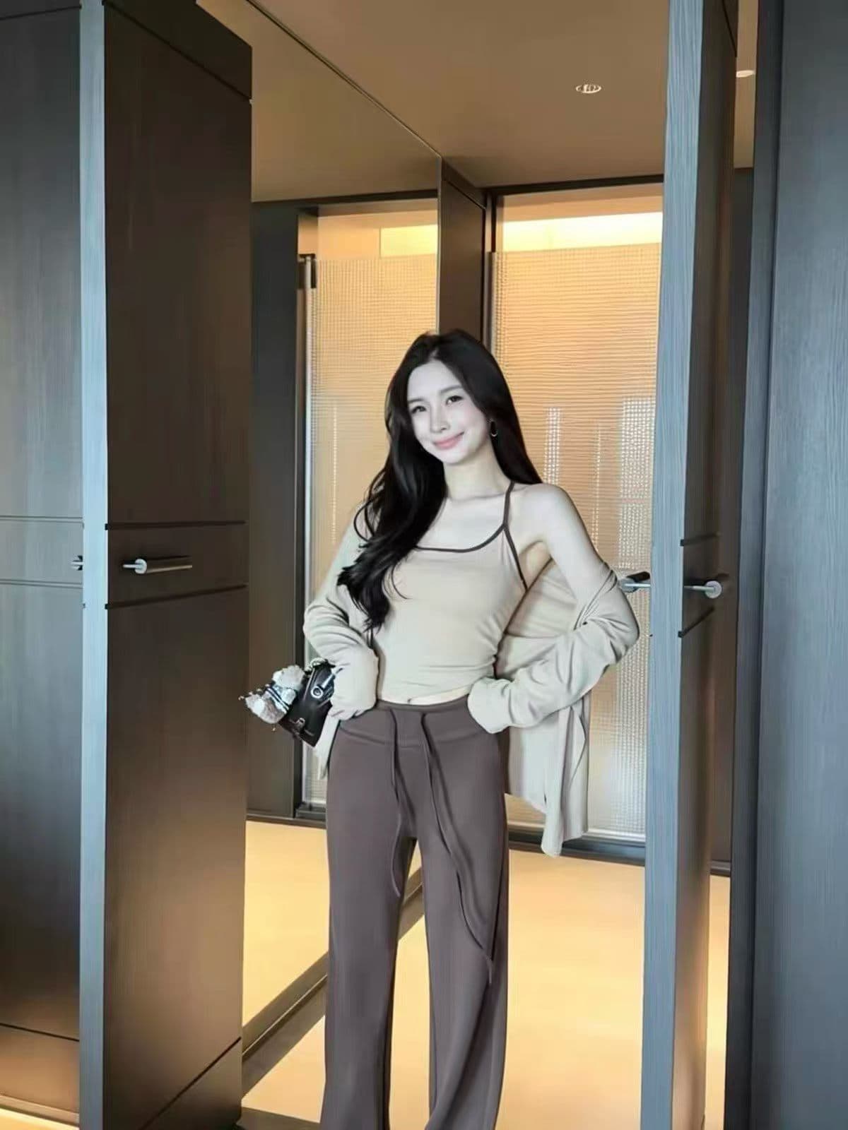 26 이른 가을 새로운 한국 스타일 외국 가스 슬림해 보이는 패치워크 색상 캐미솔 카디건 코트 캐주얼 바지 3종 세트 이미지 4