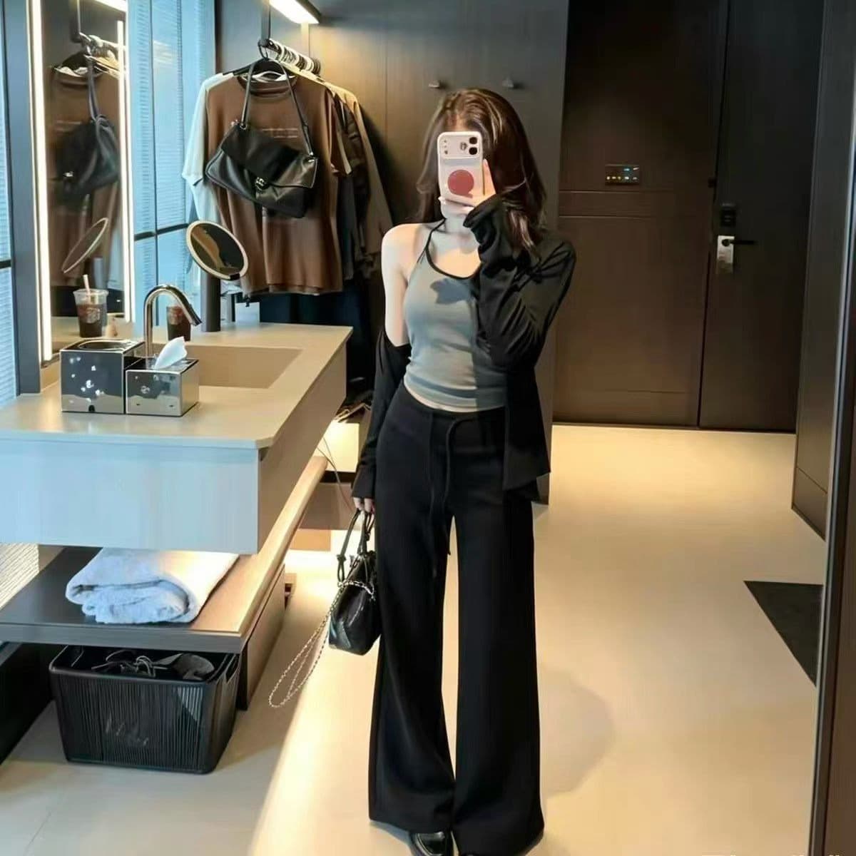 26 이른 가을 새로운 한국 스타일 외국 가스 슬림해 보이는 패치워크 색상 캐미솔 카디건 코트 캐주얼 바지 3종 세트 이미지 2