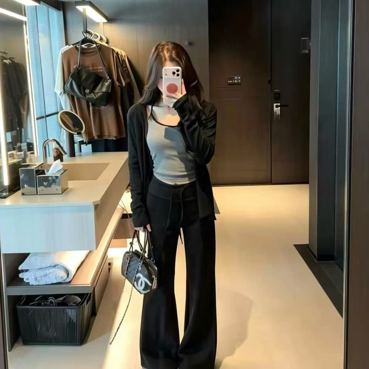 26 이른 가을 새로운 한국 스타일 외국 가스 슬림해 보이는 패치워크 색상 캐미솔 카디건 코트 캐주얼 바지 3종 세트 이미지 5
