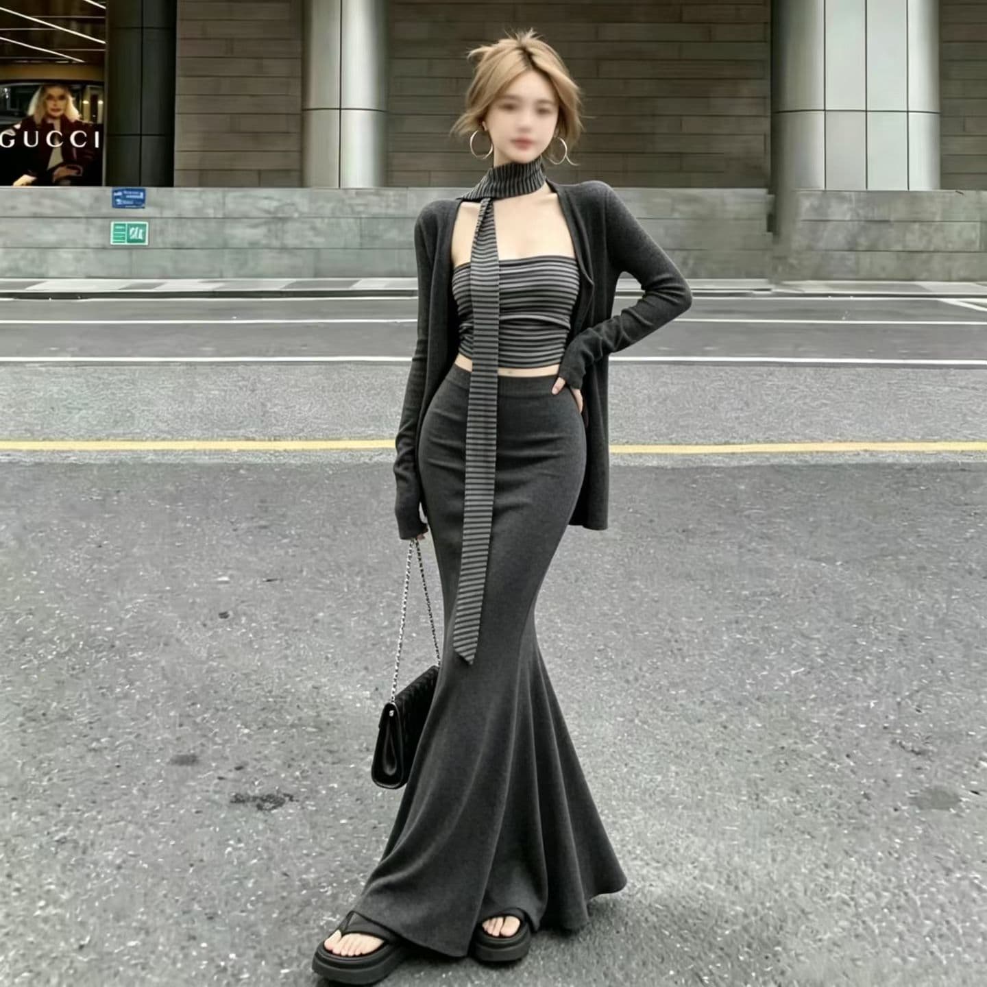 새로운 몸매 가꾸기 자외선 차단 오픈 가디건 스트라이프 튜브탑 조끼 허리밴드 인어 꼬리 스커트 리본 4 세트 이미지 3