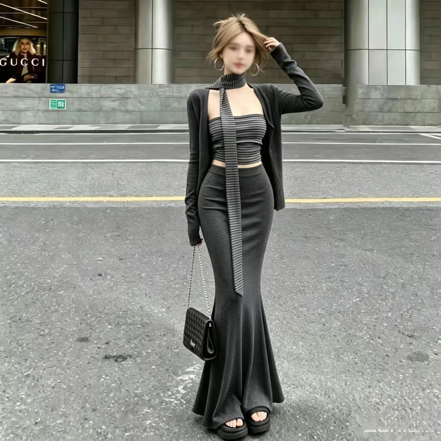 새로운 몸매 가꾸기 자외선 차단 오픈 가디건 스트라이프 튜브탑 조끼 허리밴드 인어 꼬리 스커트 리본 4 세트