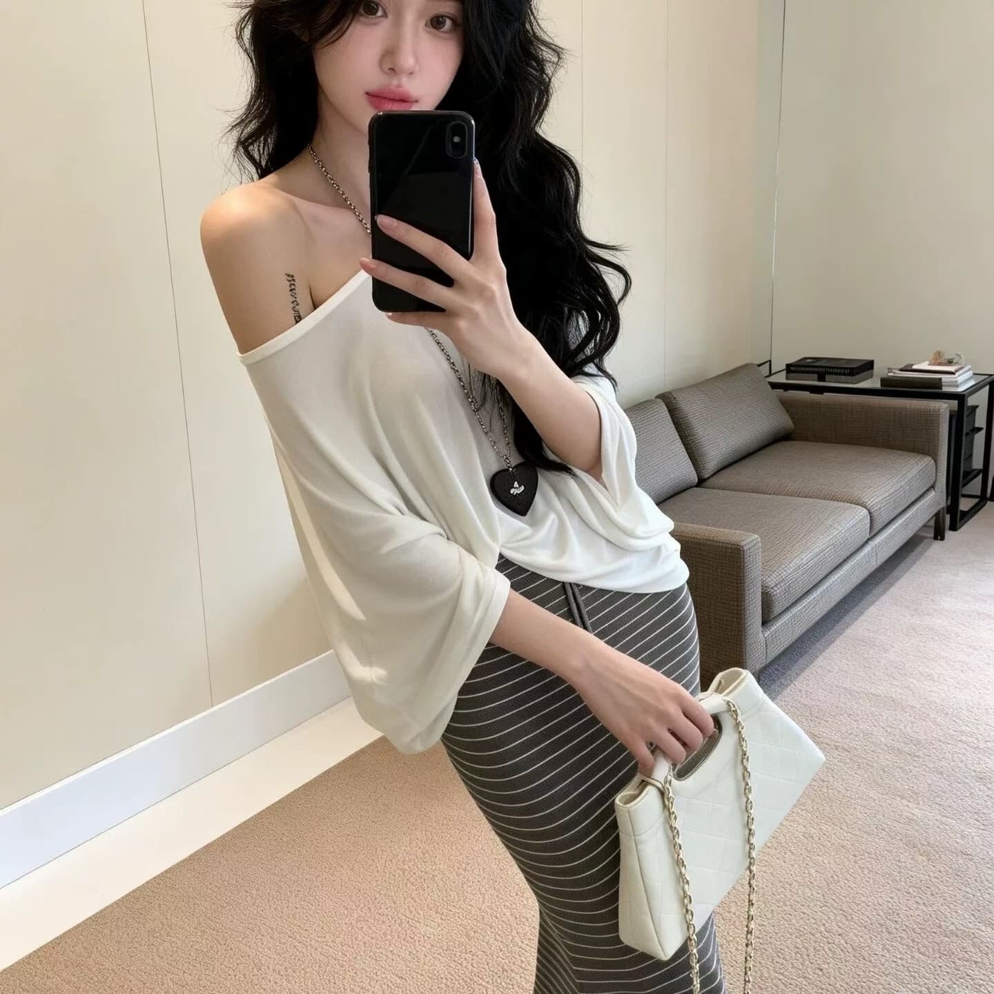 새로운 핫걸 단색 느긋한 배트윙 소매 루즈핏 대 에디션 티셔츠 하이웨이스트 스트라이프 인어 꼬리 반신 스커트 세트 상세 이미지 3