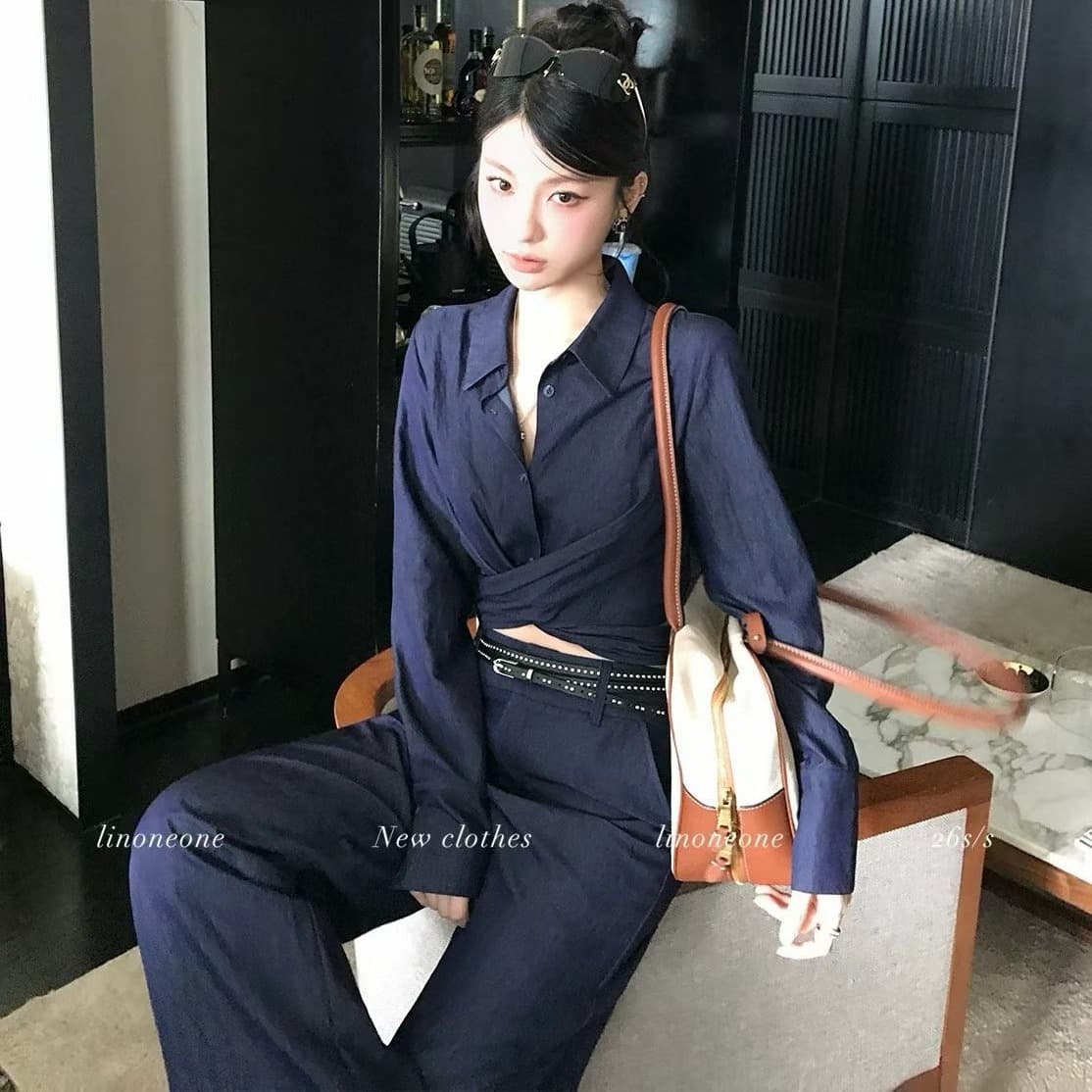 데님 블루 폴로 칼라 스트랩 부서 매듭 긴팔 셔츠 넓은 다리 캐주얼 바지 세트 이미지 5