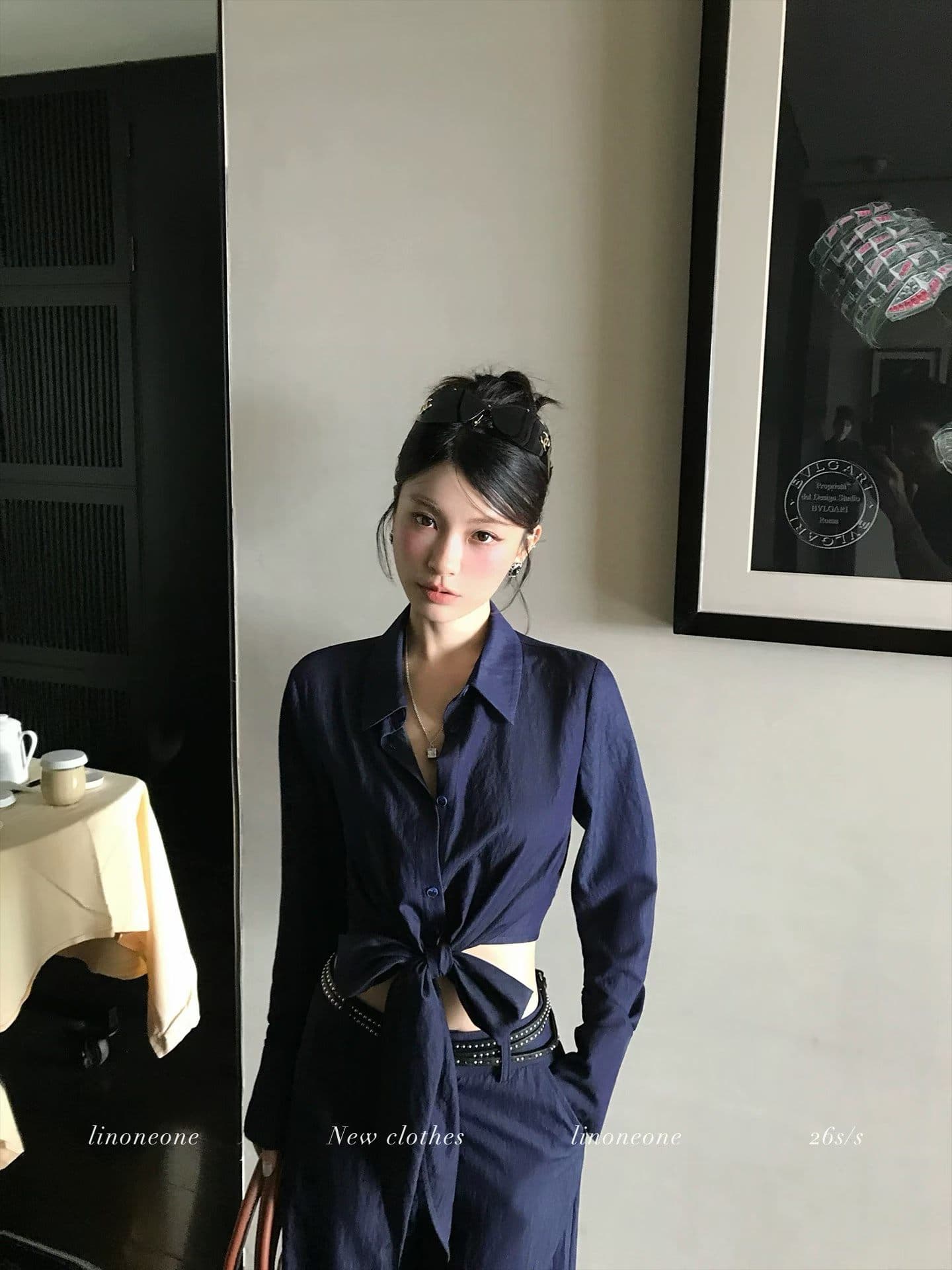 데님 블루 폴로 칼라 스트랩 부서 매듭 긴팔 셔츠 넓은 다리 캐주얼 바지 세트 상세 이미지 2