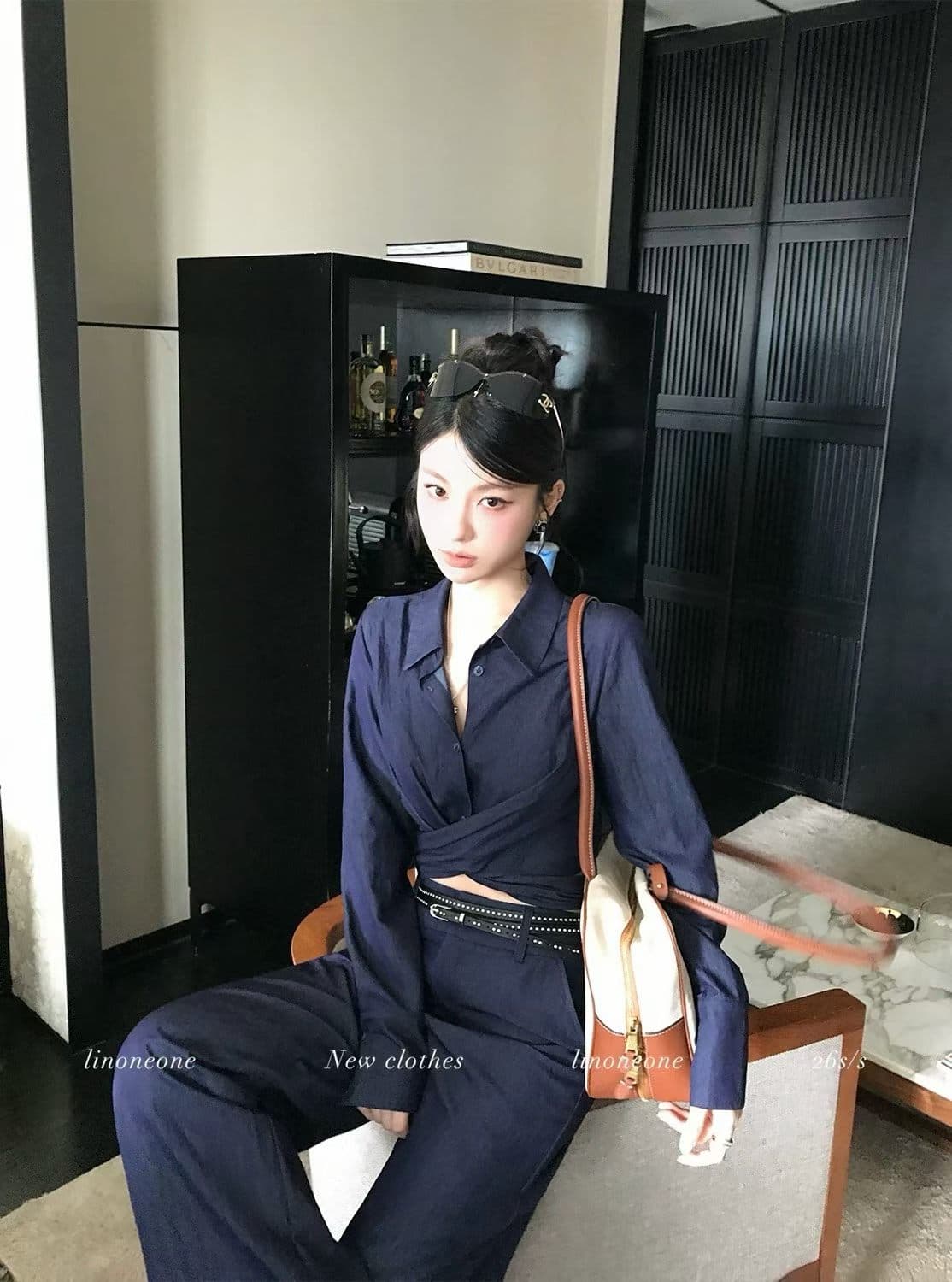 데님 블루 폴로 칼라 스트랩 부서 매듭 긴팔 셔츠 넓은 다리 캐주얼 바지 세트 상세 이미지 3