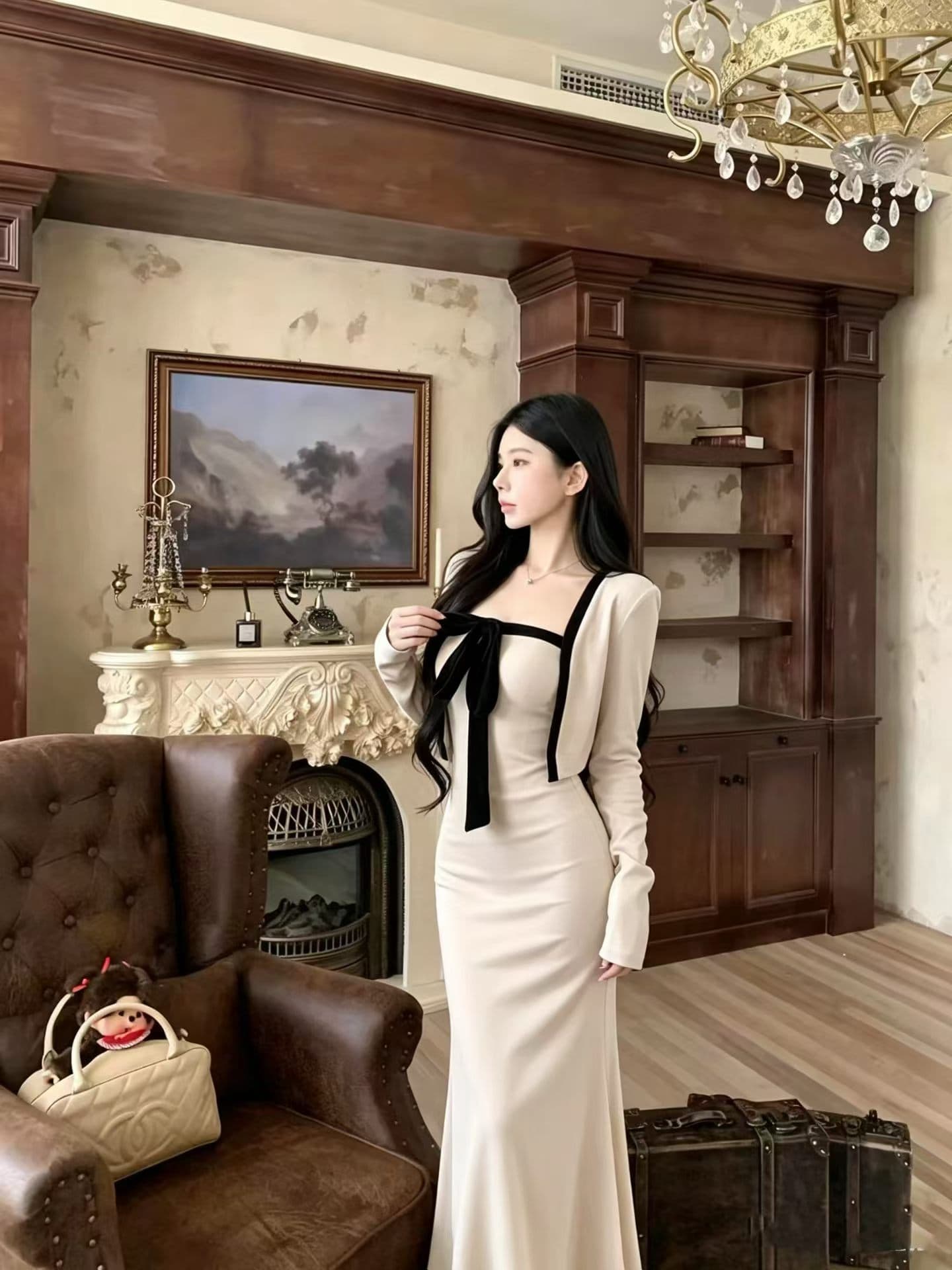 섹시함 검정색 행침 목 튜브탑 여성 드레스 이른 가을 몸매 가꾸기 슬림해 보이는 타이트 스커트 길다 치마 외부 피 투피스 세트 상세 이미지 3