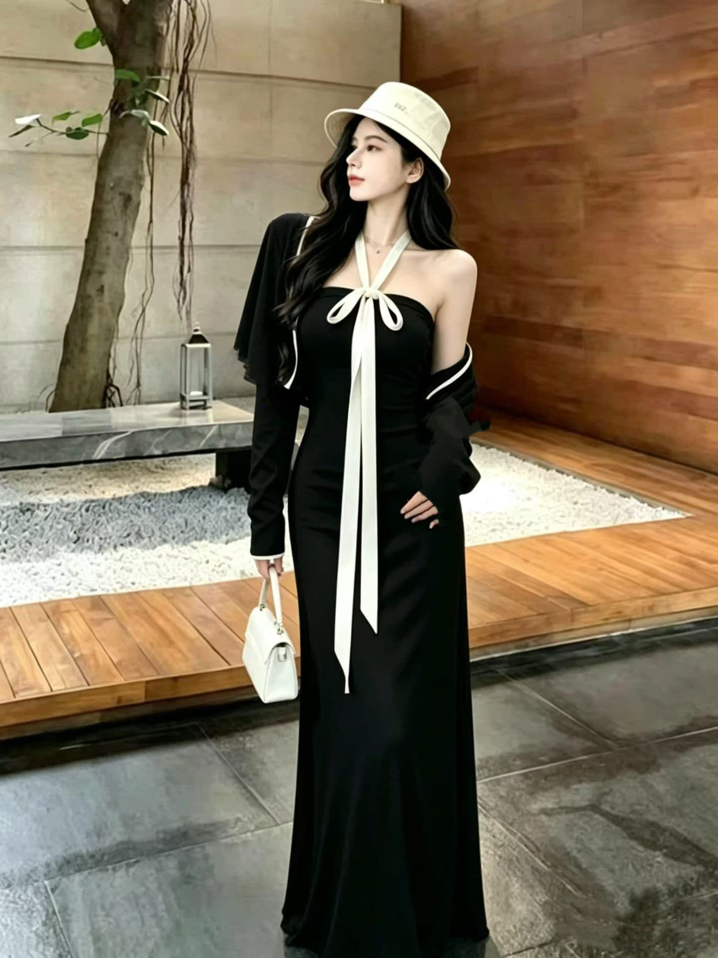 섹시함 검정색 행침 목 튜브탑 여성 드레스 이른 가을 몸매 가꾸기 슬림해 보이는 타이트 스커트 길다 치마 외부 피 투피스 세트 상세 이미지 9
