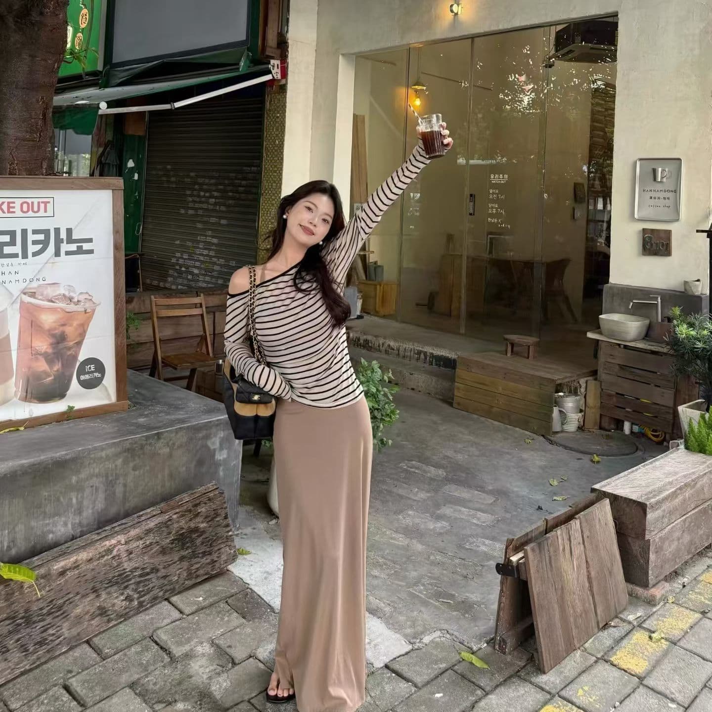 느긋한 바람 비스듬한 어깨 스트라이프 자외선 차단 긴팔 블라우스 티셔츠 가을 다용도 슬립 점프 슈트 치마 세트 상세 이미지 6