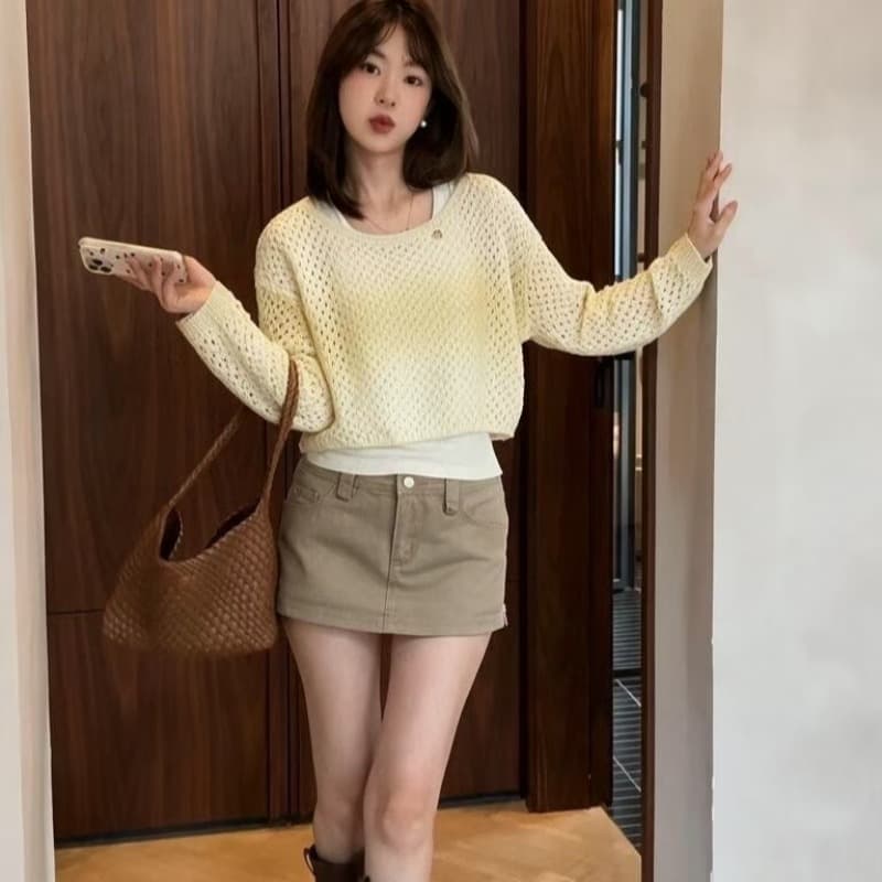 2026 가을 새로운 프랑스식 레트로 느긋한 바람 홀로우 아웃 다용도 긴팔 니트 스웨터 만나는 캐미솔 이미지 5