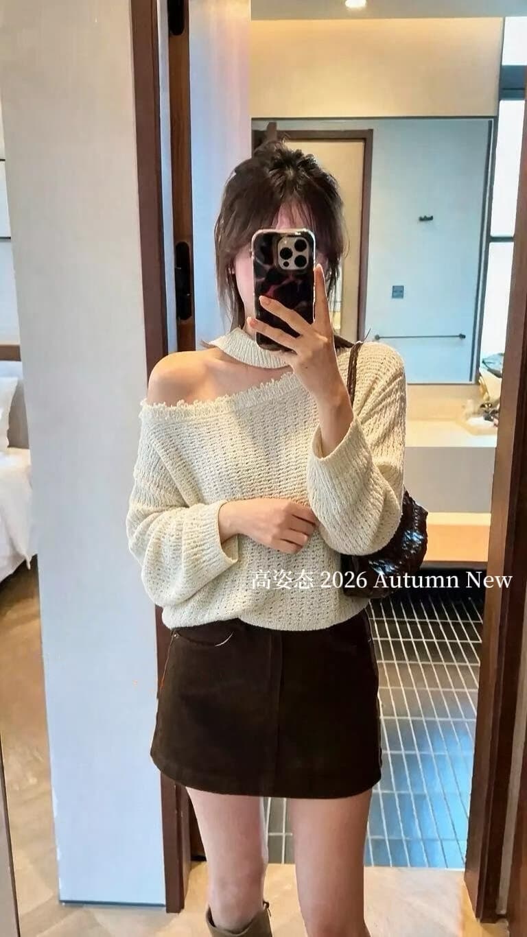 가을 한 부서 레트로 느긋한 행침 목 비스듬한 칼라 오프숄더 홀로우 아웃 니트 스웨터 여자 허리 수축 자외선 차단 블라우스 이미지 4