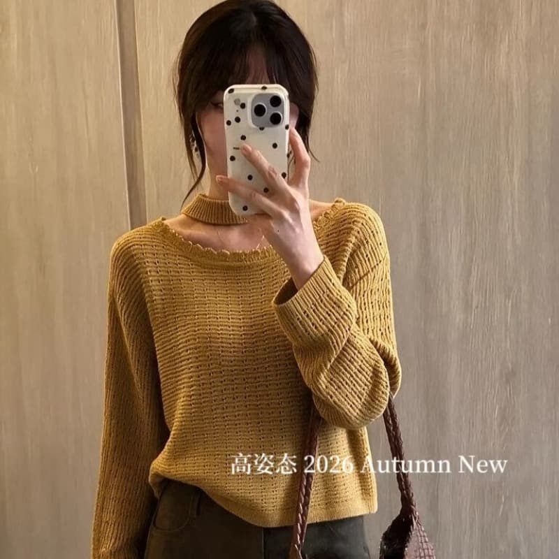 가을 한 부서 레트로 느긋한 행침 목 비스듬한 칼라 오프숄더 홀로우 아웃 니트 스웨터 여자 허리 수축 자외선 차단 블라우스 이미지 5
