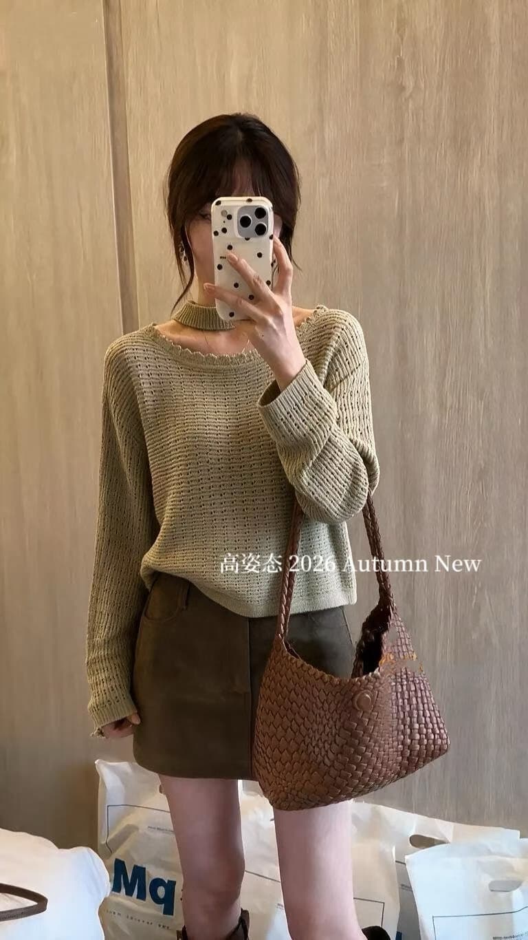 가을 한 부서 레트로 느긋한 행침 목 비스듬한 칼라 오프숄더 홀로우 아웃 니트 스웨터 여자 허리 수축 자외선 차단 블라우스 상세 이미지 2