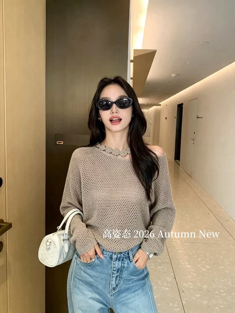 가을 한 부서 레트로 느긋한 행침 목 비스듬한 칼라 오프숄더 홀로우 아웃 니트 스웨터 여자 허리 수축 자외선 차단 블라우스 상세 이미지 6