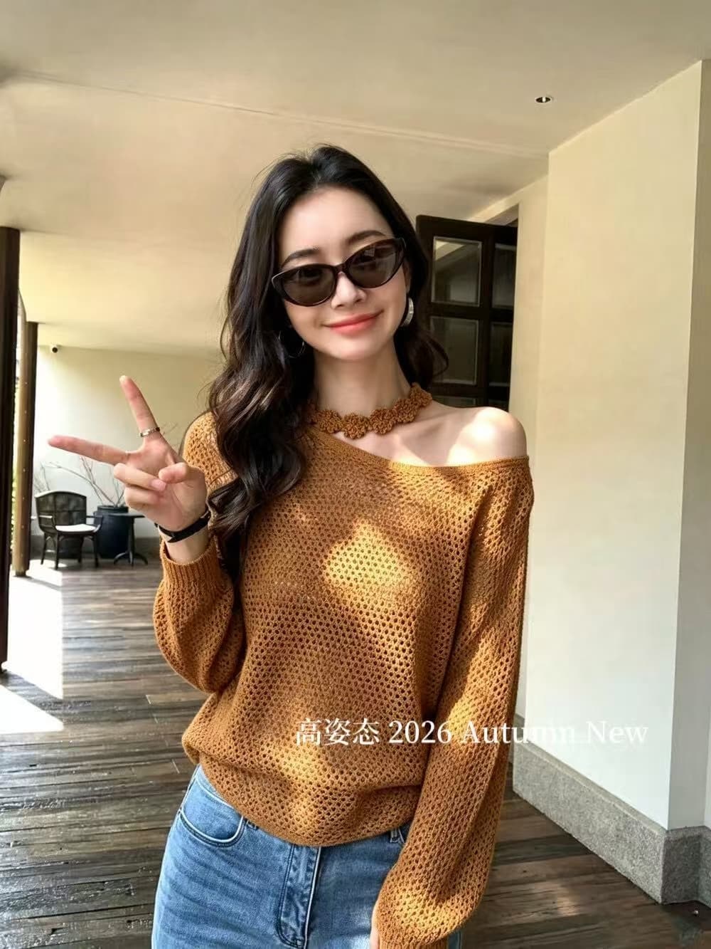 가을 한 부서 레트로 느긋한 행침 목 비스듬한 칼라 오프숄더 홀로우 아웃 니트 스웨터 여자 허리 수축 자외선 차단 블라우스