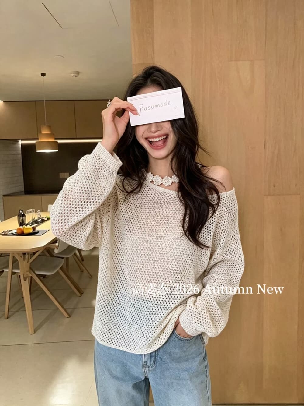 가을 한 부서 레트로 느긋한 행침 목 비스듬한 칼라 오프숄더 홀로우 아웃 니트 스웨터 여자 허리 수축 자외선 차단 블라우스 상세 이미지 4