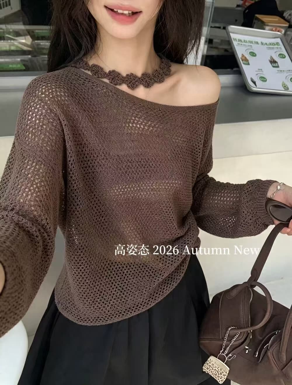 가을 한 부서 레트로 느긋한 행침 목 비스듬한 칼라 오프숄더 홀로우 아웃 니트 스웨터 여자 허리 수축 자외선 차단 블라우스 상세 이미지 5