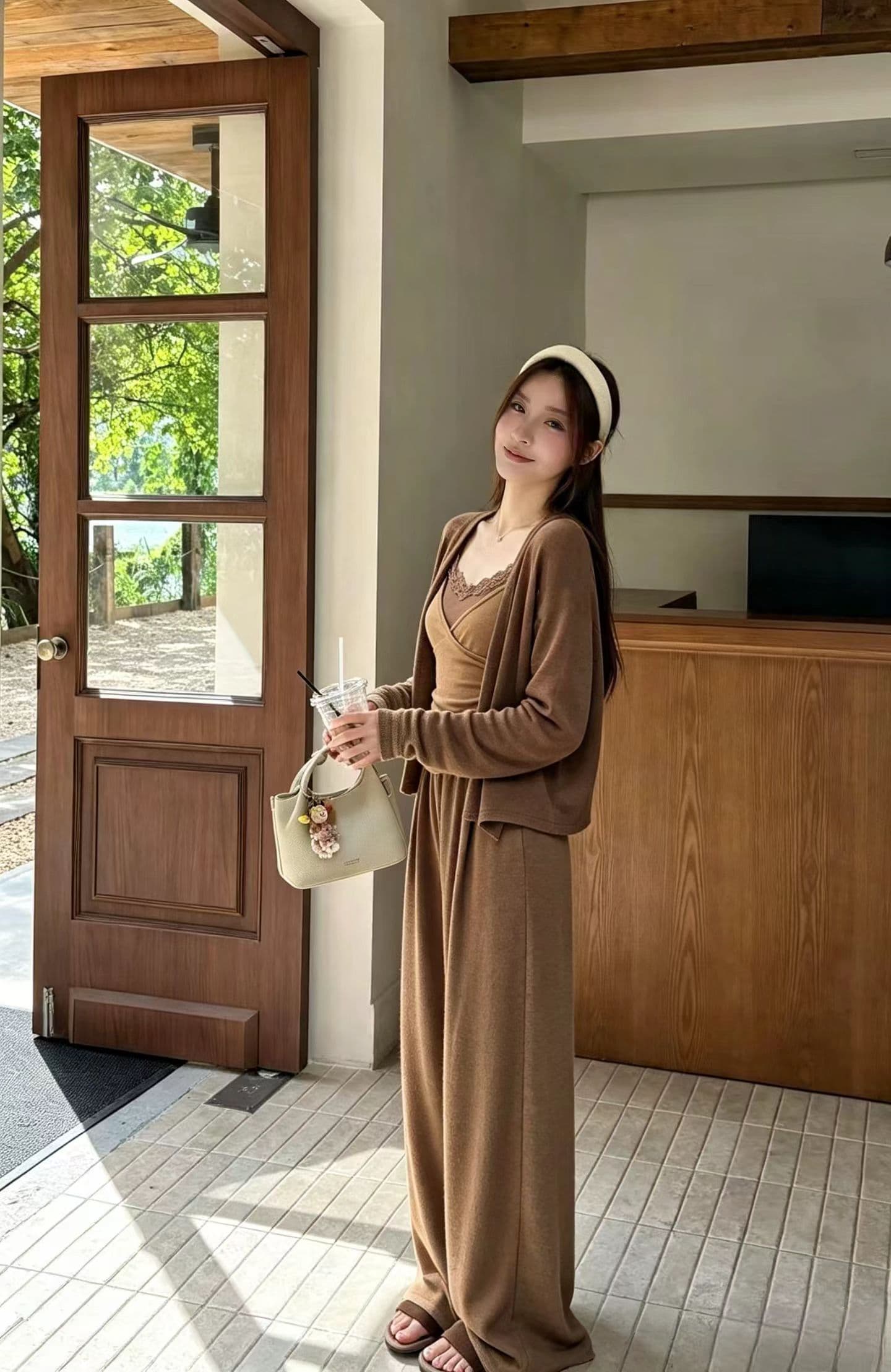 한 부서 부드러운 찹쌀 자외선 차단 니트 오픈 가디건 달콤함 디자인 레이스 조각 슬립 점프 슈트 치마 세트 상세 이미지 4