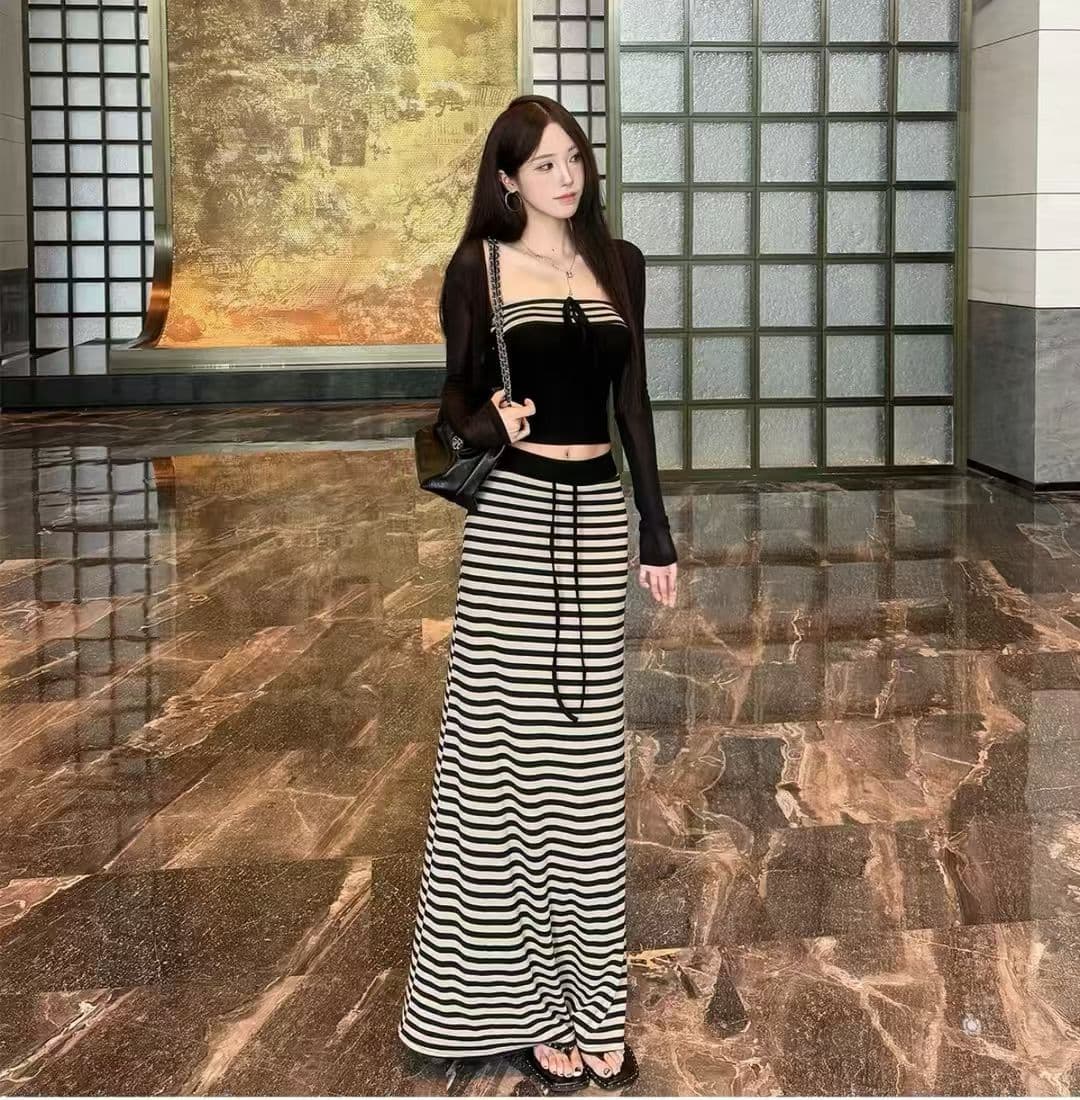 캐주얼 세트 검정색 자외선 차단 긴팔 오픈 가디건 여성 이른 가을 인사이드 가져 가라. 스트라이프 조끼 하이웨이스트 타이트 스커트 롱 스커트 3종 세트 상세 이미지 1