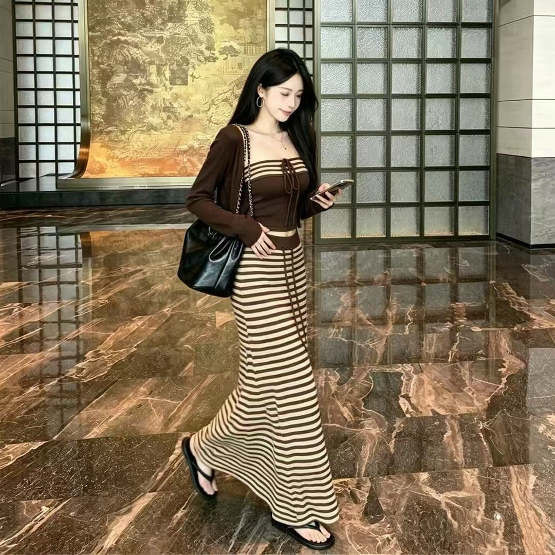 캐주얼 세트 검정색 자외선 차단 긴팔 오픈 가디건 여성 이른 가을 인사이드 가져 가라. 스트라이프 조끼 하이웨이스트 타이트 스커트 롱 스커트 3종 세트 상세 이미지 8