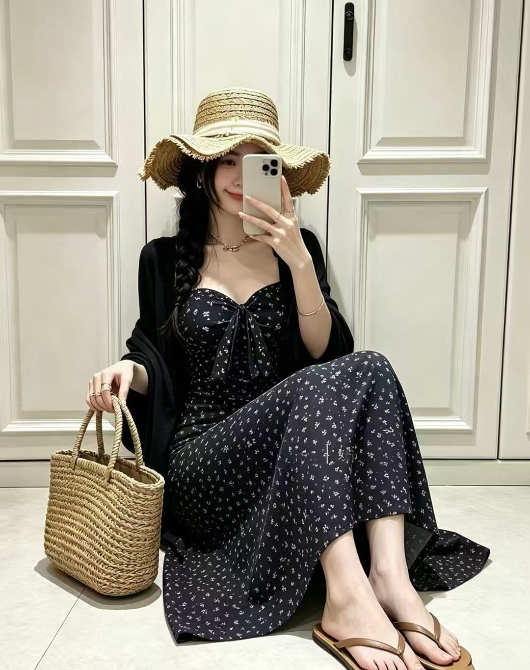 프랑스식 차 휴식 파란색 슬립 드레스 긴팔 오픈 가디건 가을 해변가 꽃무늬 치마 세트 이미지 4