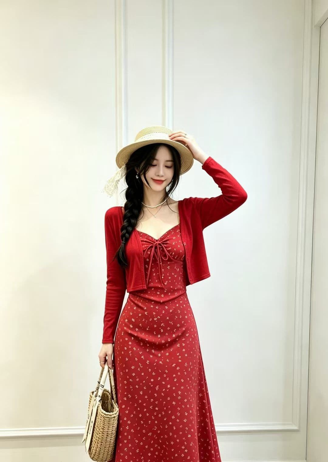프랑스식 차 휴식 파란색 슬립 드레스 긴팔 오픈 가디건 가을 해변가 꽃무늬 치마 세트 이미지 3
