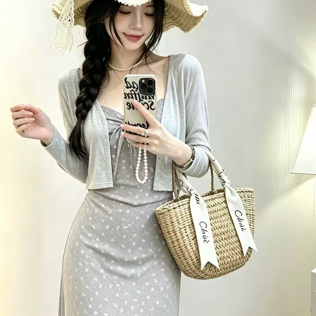프랑스식 차 휴식 파란색 슬립 드레스 긴팔 오픈 가디건 가을 해변가 꽃무늬 치마 세트 이미지 5