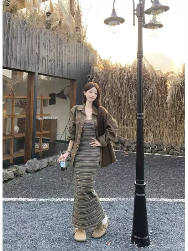 2026 가을 새로운 느긋한 바람 POLO 칼라 긴팔 데님 재킷 캐주얼 스트라이프 슬립 드레스 투피스 세트