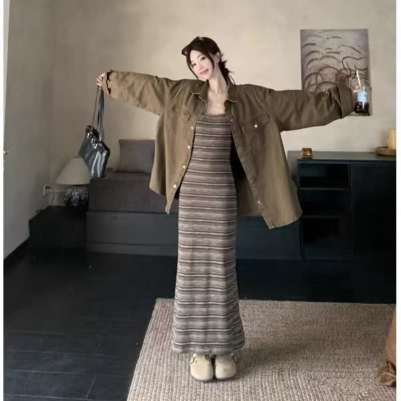 2026 가을 새로운 느긋한 바람 POLO 칼라 긴팔 데님 재킷 캐주얼 스트라이프 슬립 드레스 투피스 세트 이미지 5