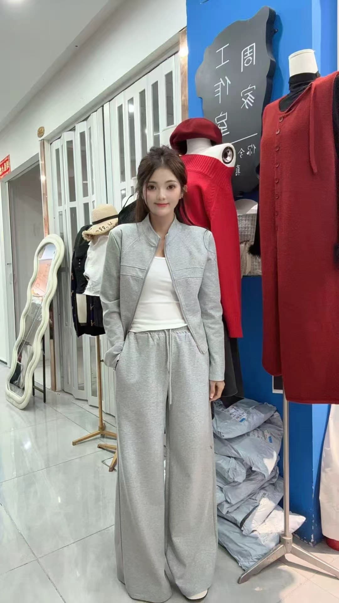 가을 겨울 새로운 패션 캐주얼 운동 다용도 스탠드 칼라 오픈 가디건 지퍼 투피스 세트 상세 이미지 10