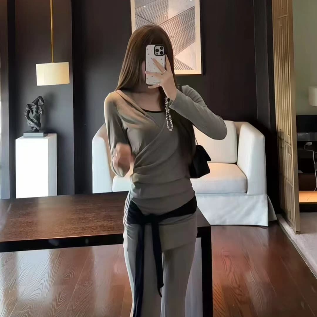 낮은 네크라인 디스플레이 가슴 행침 목 캐미솔 십자가 V넥 스트랩 오픈 가디건 긴팔 맨위 캐주얼 긴 바지 투피스 세트 이미지 4