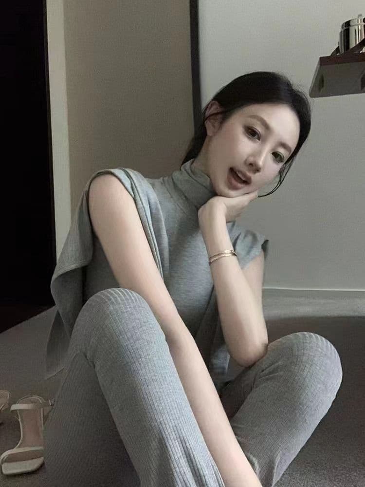 2026 새로운 몸매 가꾸기 품격 터틀넥 조끼 민소매 만나는 긴팔 오픈 가디건 캐주얼 긴 바지 세 조각 세트 이미지 2