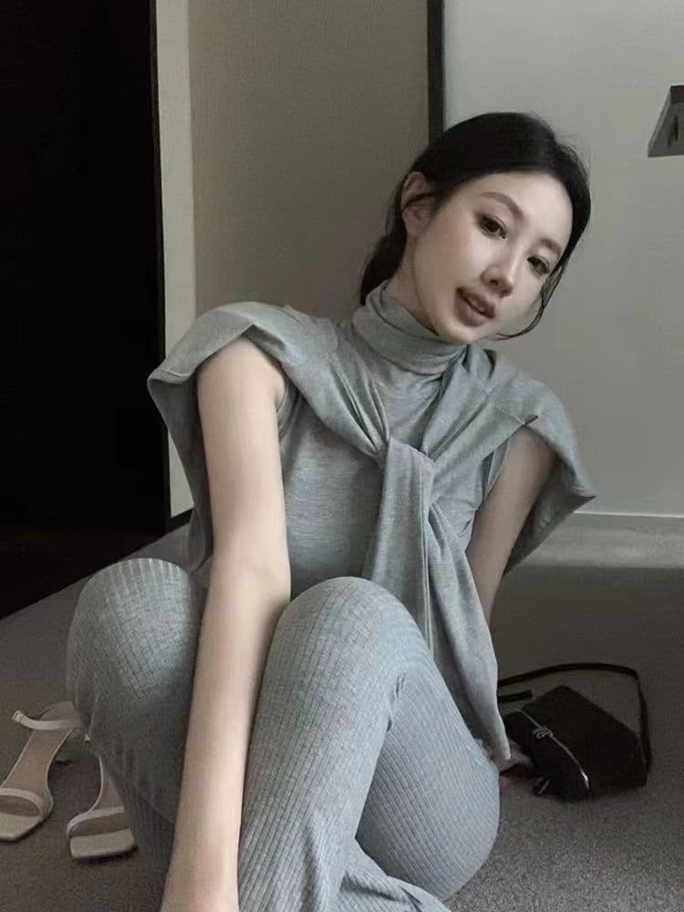 2026 새로운 몸매 가꾸기 품격 터틀넥 조끼 민소매 만나는 긴팔 오픈 가디건 캐주얼 긴 바지 세 조각 세트 상세 이미지 5